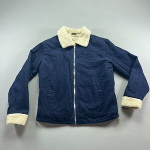 Style Me Corduroy Trucker Jacket Womens Small Navy Blue Sherpa Lined Full Zip